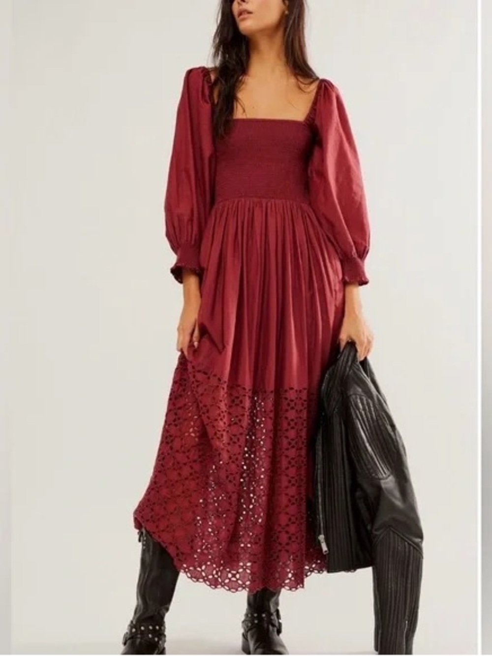 Free People Perfect Storm Wine Burgundy Smocked Midi Dress with Eyelet Hem